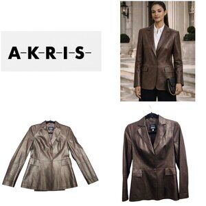 Akris Bergdorf Goodman Brown Lambskin Leather Blazer Jacket Tailored Snap Front